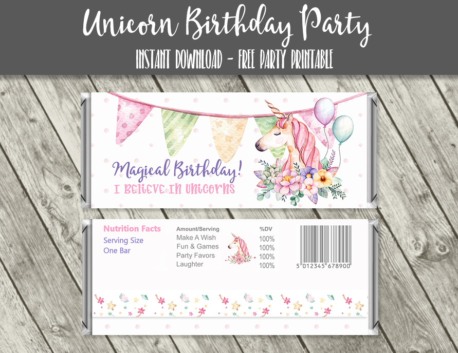 Unicorn Birthday Full Size Candy Bar Wrappers