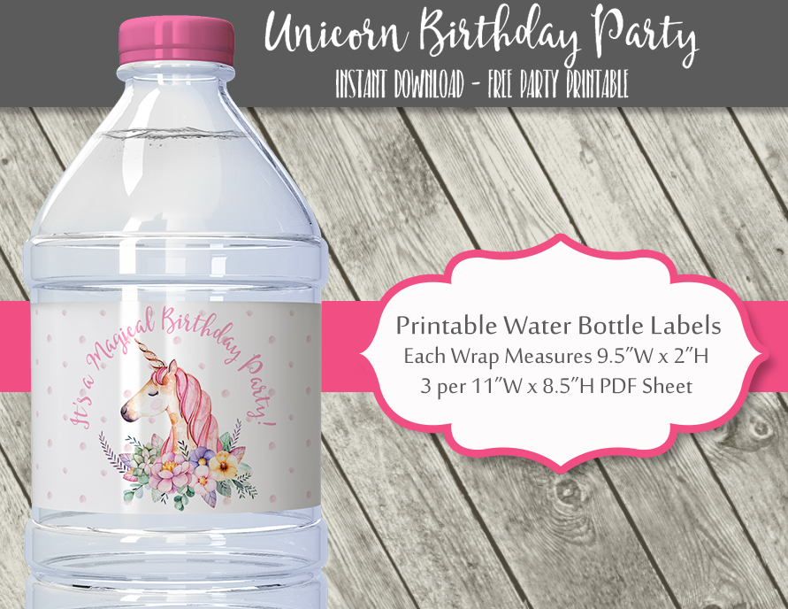 Unicorn Birthday Party Water Bottle Labels