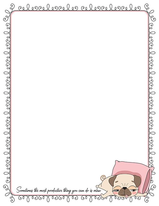 sleepy pug printable paper stationery