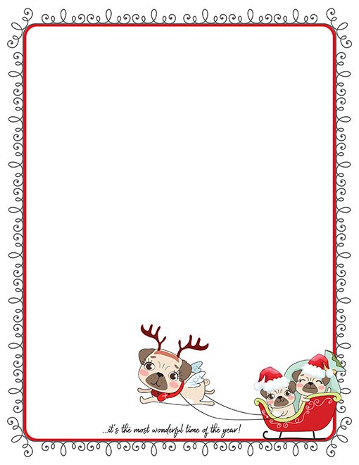 Christmas Pugs In Sleigh Printable Paper Stationery