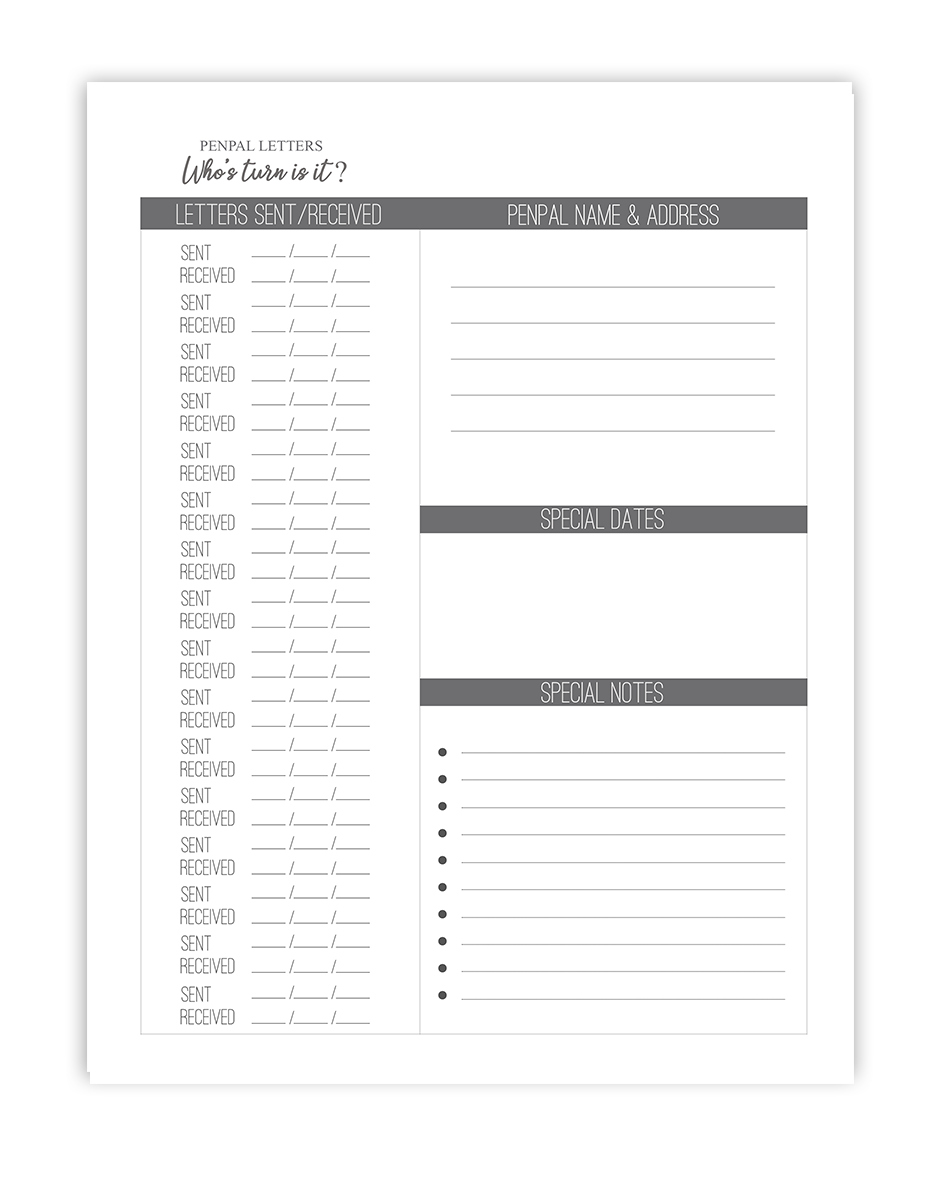Printable Pen Pal Letter Tracker
