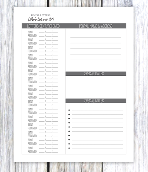 printable pen pal letter tracker
