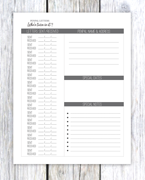 printable pen pal letter tracker
