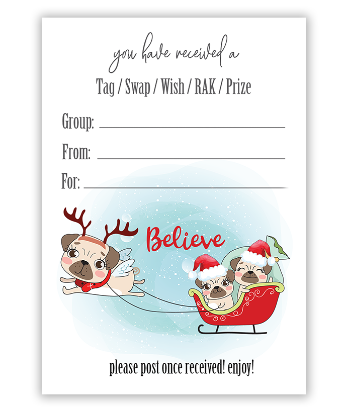 Christmas Pugs Pulling Sleigh Pen Pals Swap Tags Inserts