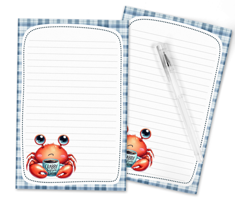 Crabby Before Coffee Printable Stationery Set A5 Half Page Full Page PDT Envelopes