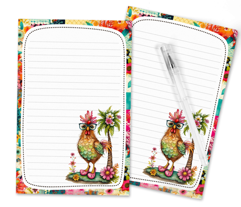 Whimsical Chicken At Palm Tree Tropical Stationery Set – Free Printable PDF