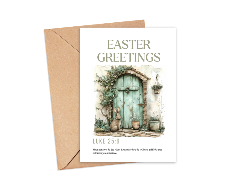 Easter Greetings Rustic Bunny At Door 5×7 Printable PDF Card