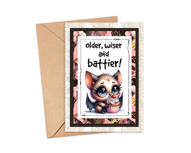 Adorable Bat Birthday Card – ‘Older, Wiser, and Battier’ Printable A2 Greeting