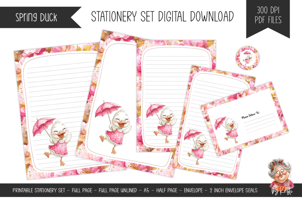 Cute Spring Duck With Umbrella Free Stationery Set Download