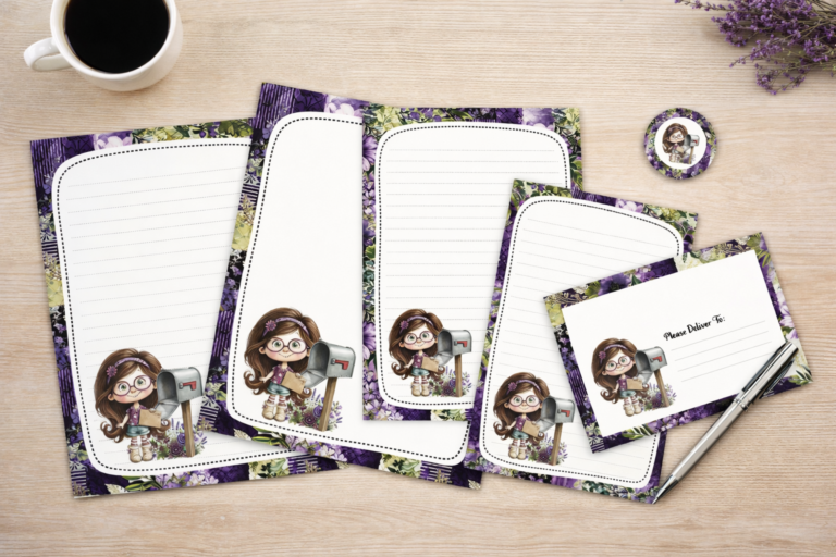 Cute Girl With Glasses At Mailbox Pen Pal Stationery Set Free Download